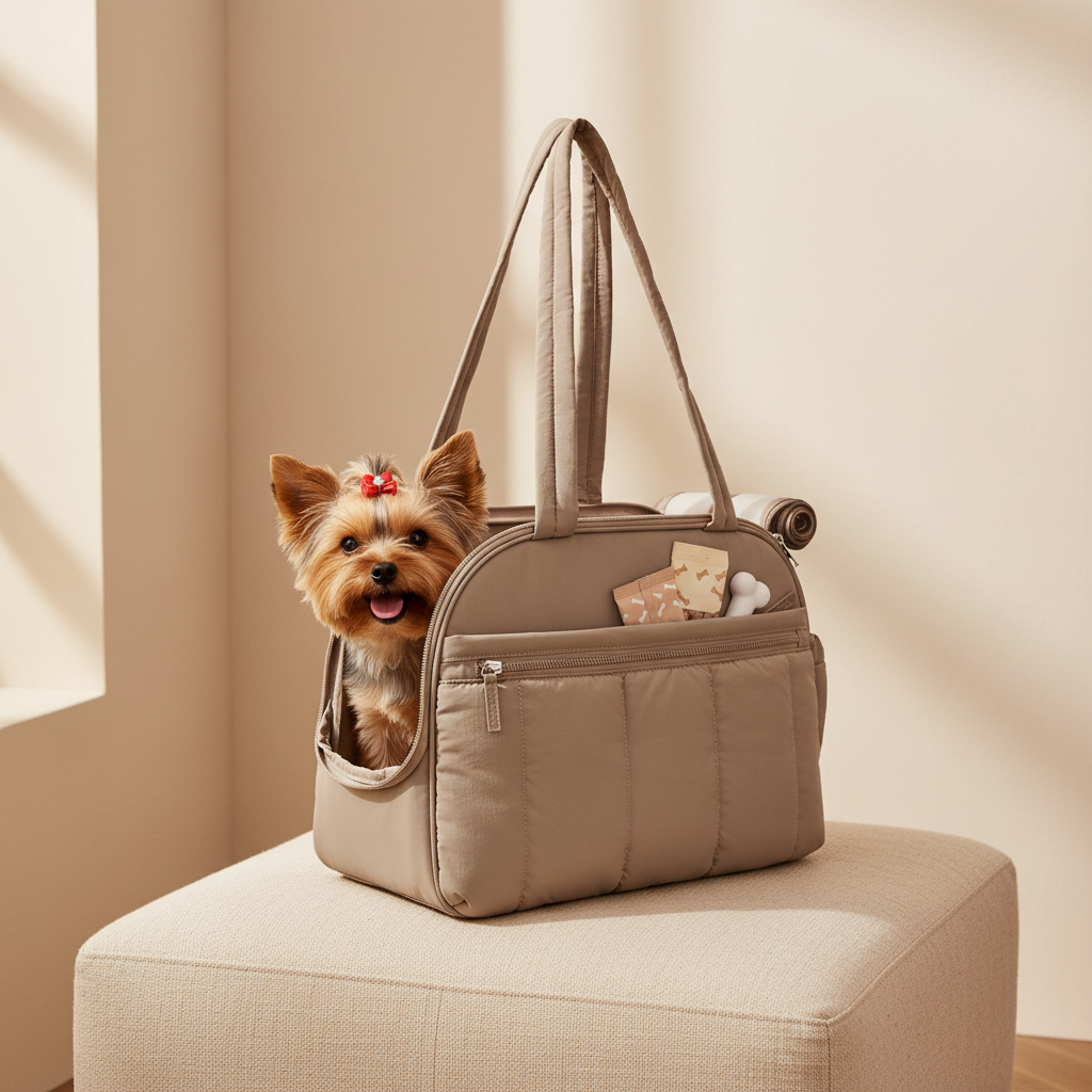 Quilted dog purse carrier, front view