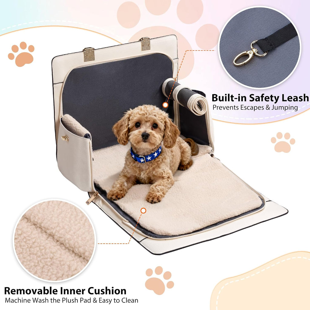 Quilted dog purse carrier, safety leash clip detail