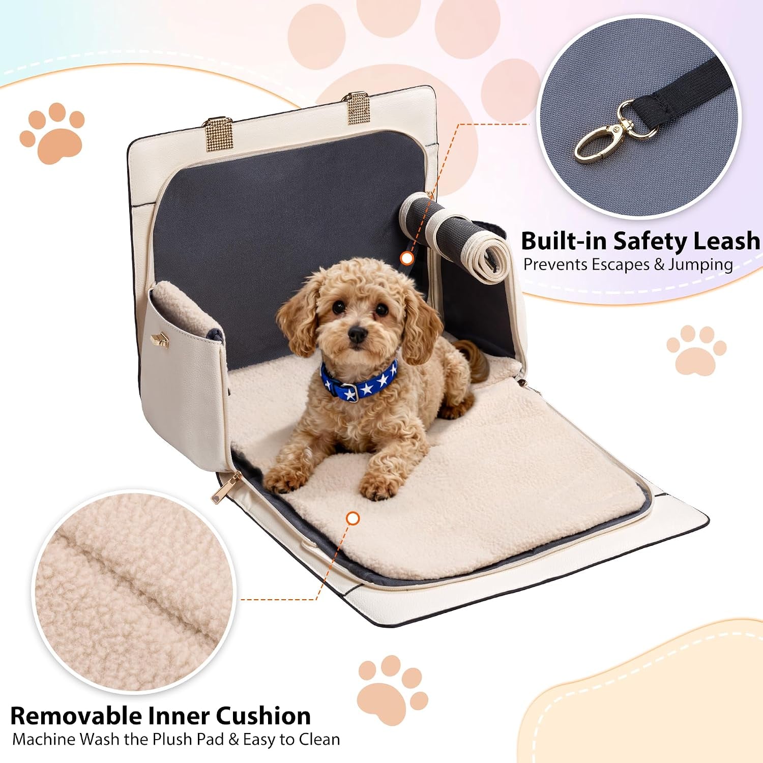 Quilted dog purse carrier, safety leash clip detail