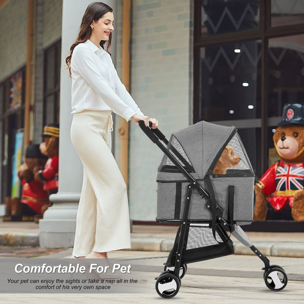Pet stroller, carrier detached as standalone tote
