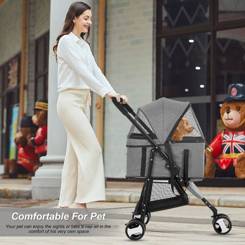 Pet stroller, carrier detached as standalone tote