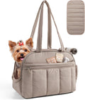 Stylish Quilted Dog Purse Carrier for Small Dogs up to 15lbs - Lightweight & Portable Travel Tote Bag with Pockets, Safety Tether & Mat in Brown
