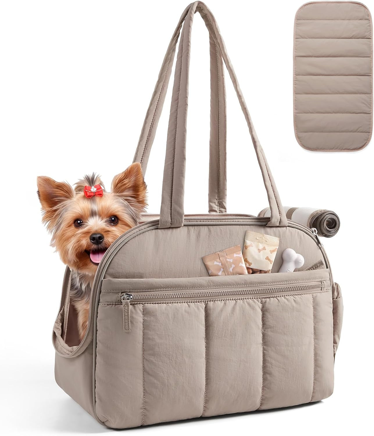 Stylish Quilted Dog Purse Carrier for Small Dogs up to 15lbs - Lightweight & Portable Travel Tote Bag with Pockets, Safety Tether & Mat in Brown