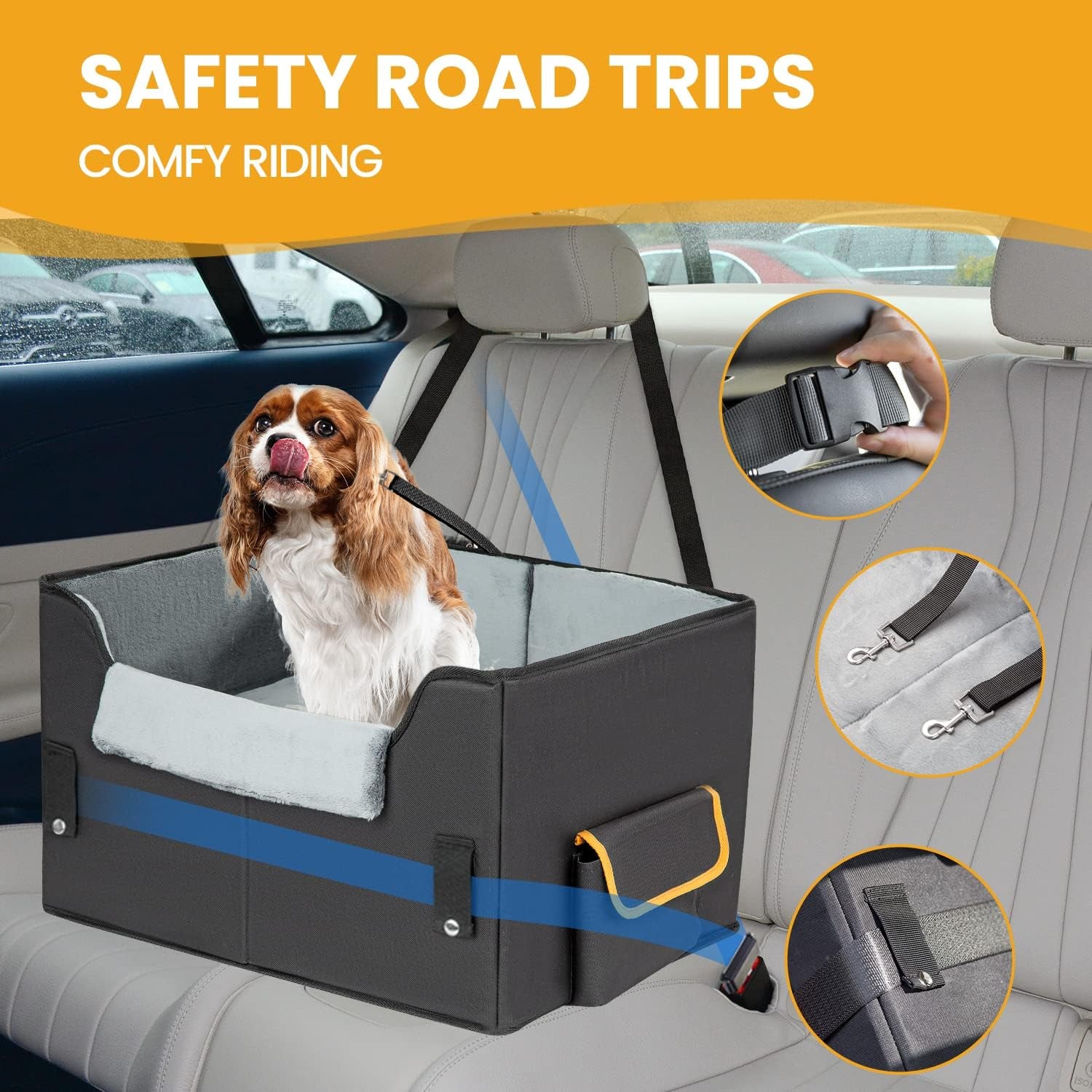 Elevated dog booster car seat with dog seated inside
