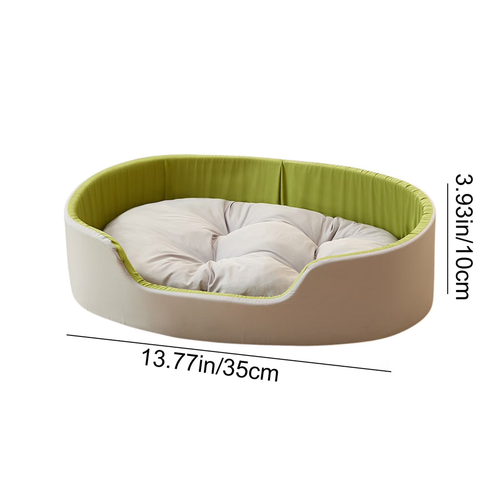Reversible plush dog bed with dog resting on it