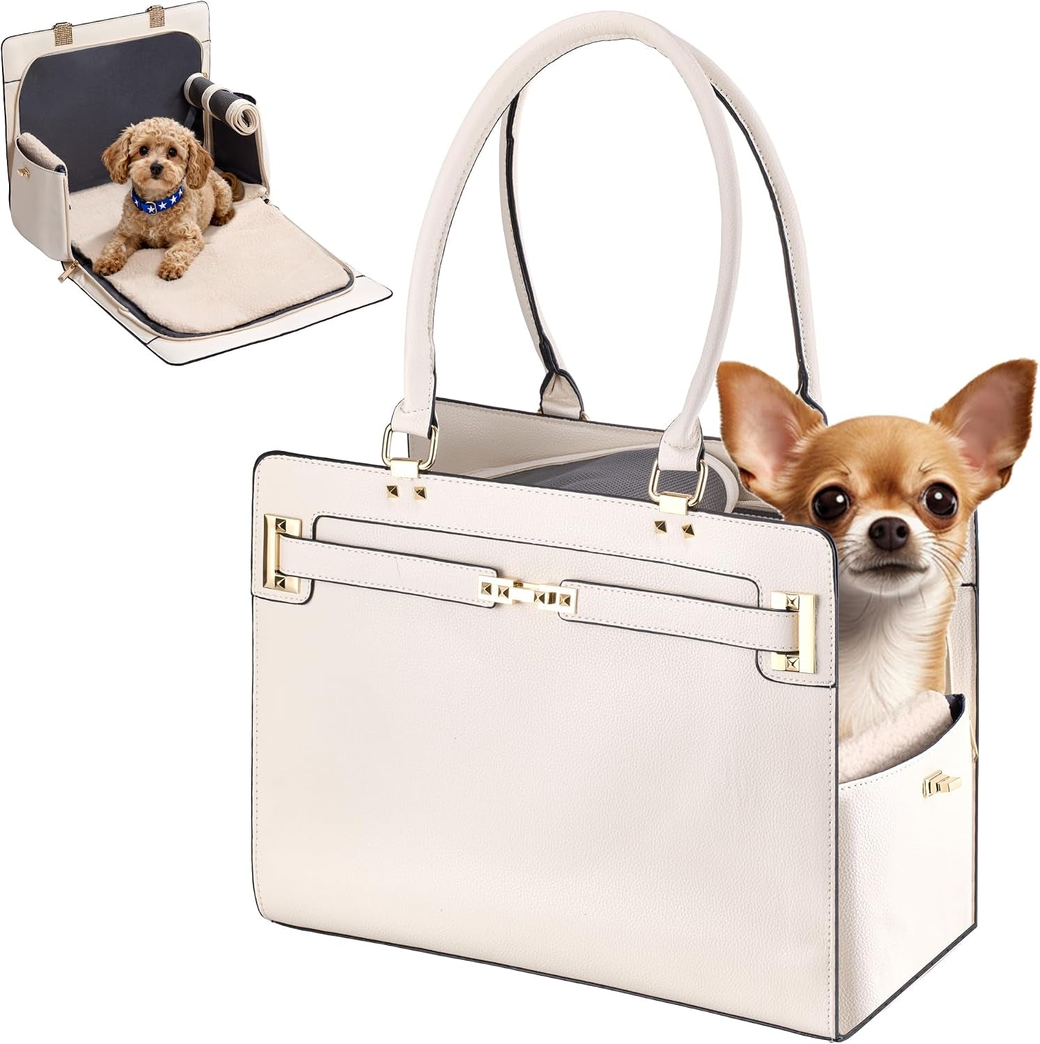 Quilted dog purse carrier, front view