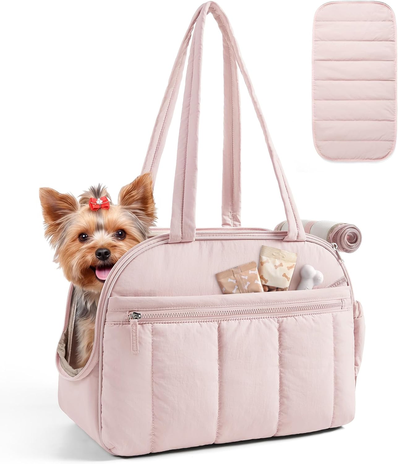 Stylish Quilted Dog Purse Carrier for Small Dogs up to 15lbs - Lightweight & Portable Travel Tote Bag with Pockets, Safety Tether & Mat in Brown