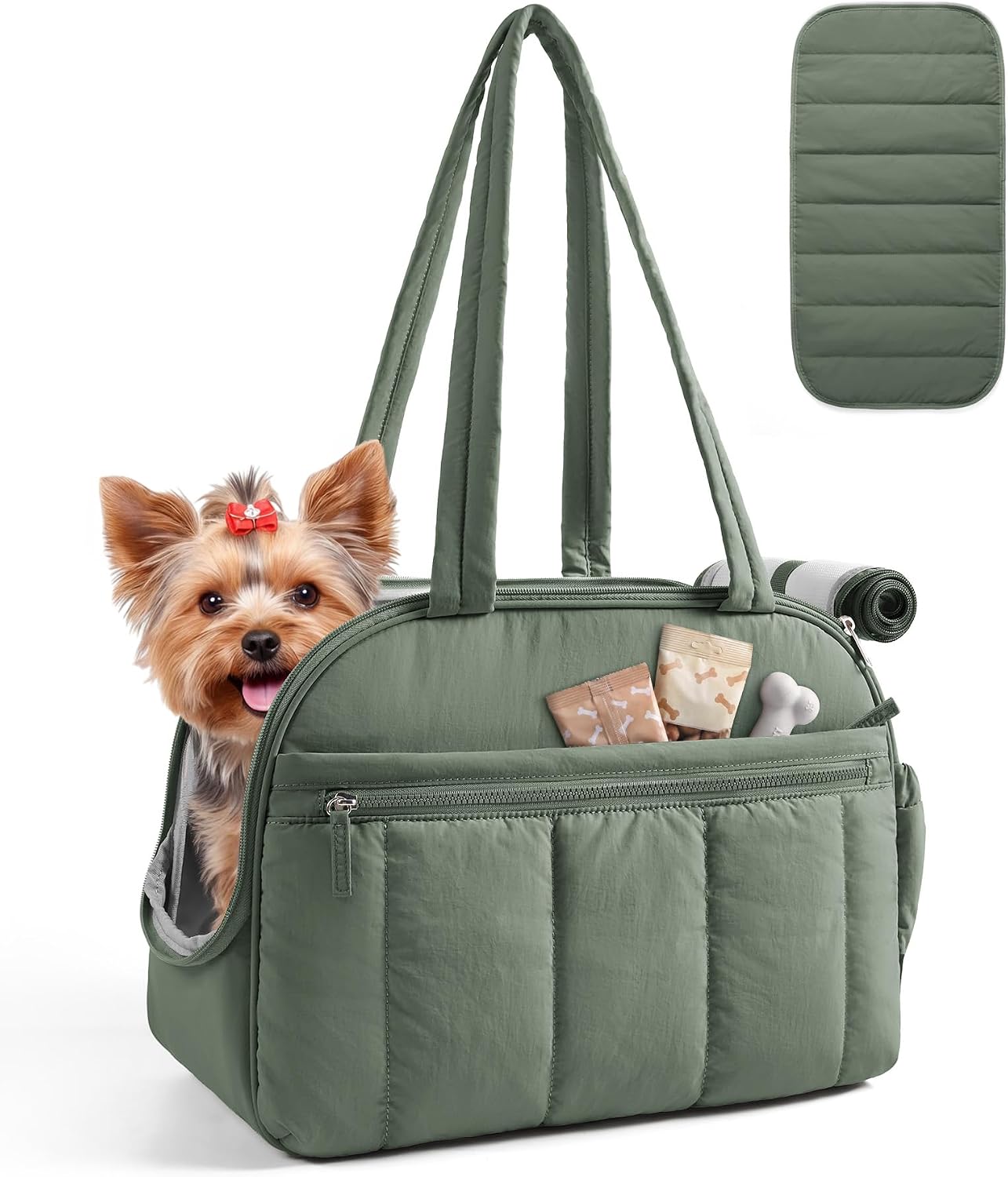Stylish Quilted Dog Purse Carrier for Small Dogs up to 15lbs - Lightweight & Portable Travel Tote Bag with Pockets, Safety Tether & Mat in Brown