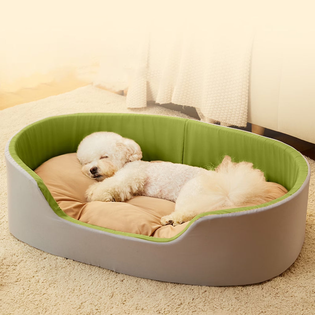 Reversible plush dog bed, side view showing double-sided fabric