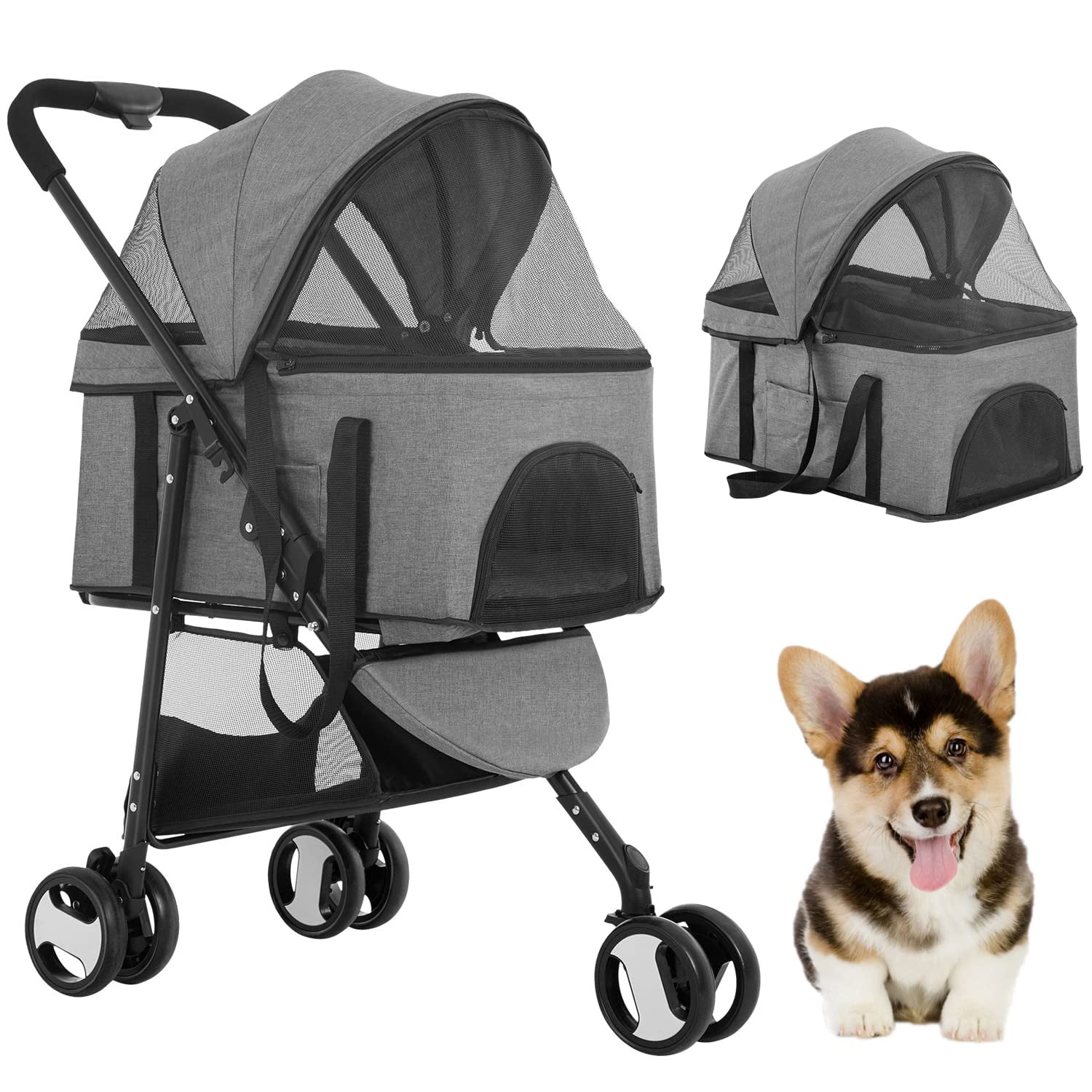 3-wheel foldable pet stroller with detachable carrier, main view