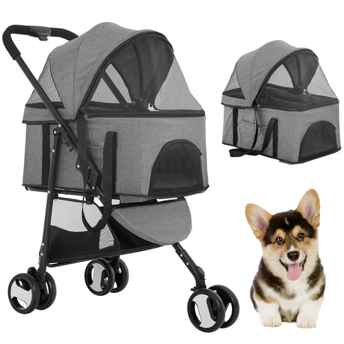 3-wheel foldable pet stroller with detachable carrier, main view
