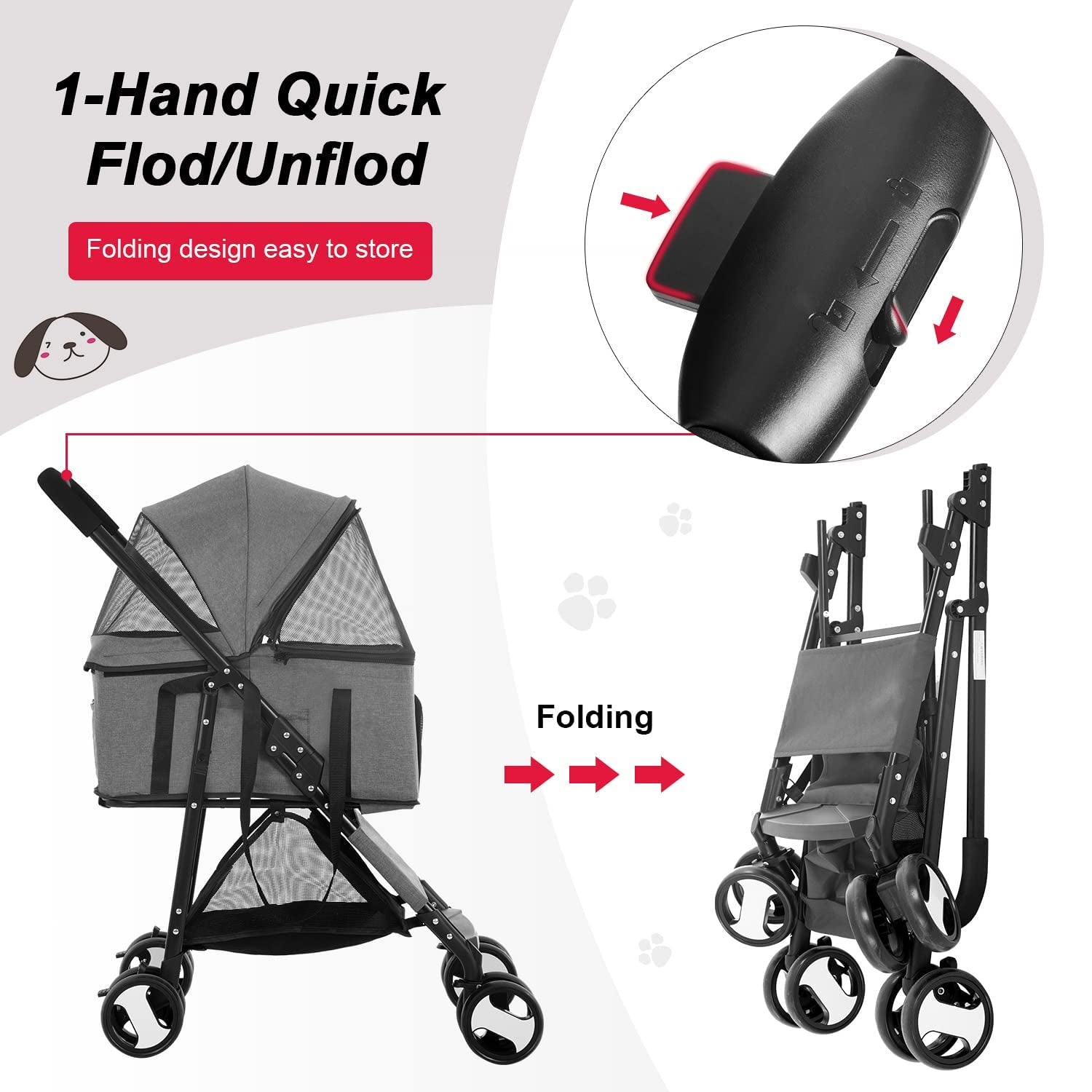 4-wheel pet stroller, carrier detached as hand-carry tote