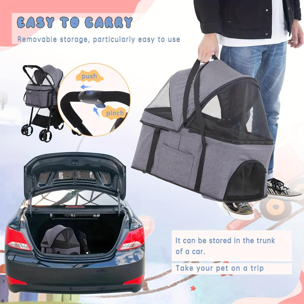 4-wheel pet stroller, folded flat for storage