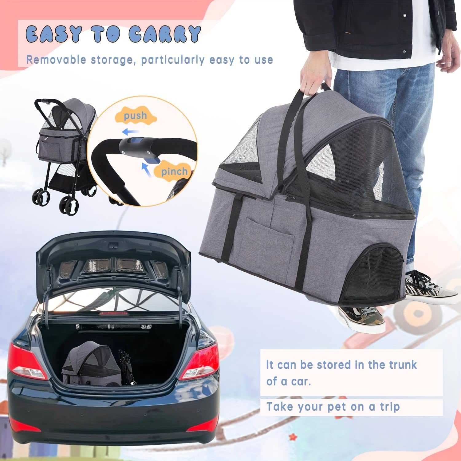 4-wheel pet stroller, folded flat for storage