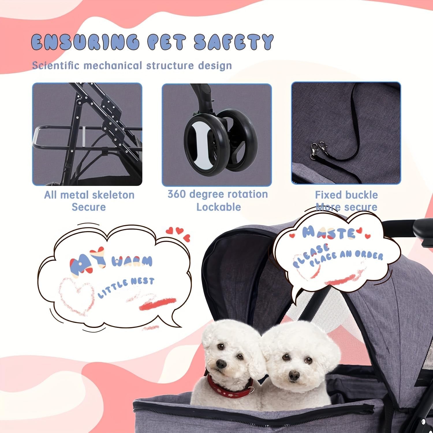 4-wheel pet stroller, wheel and frame detail
