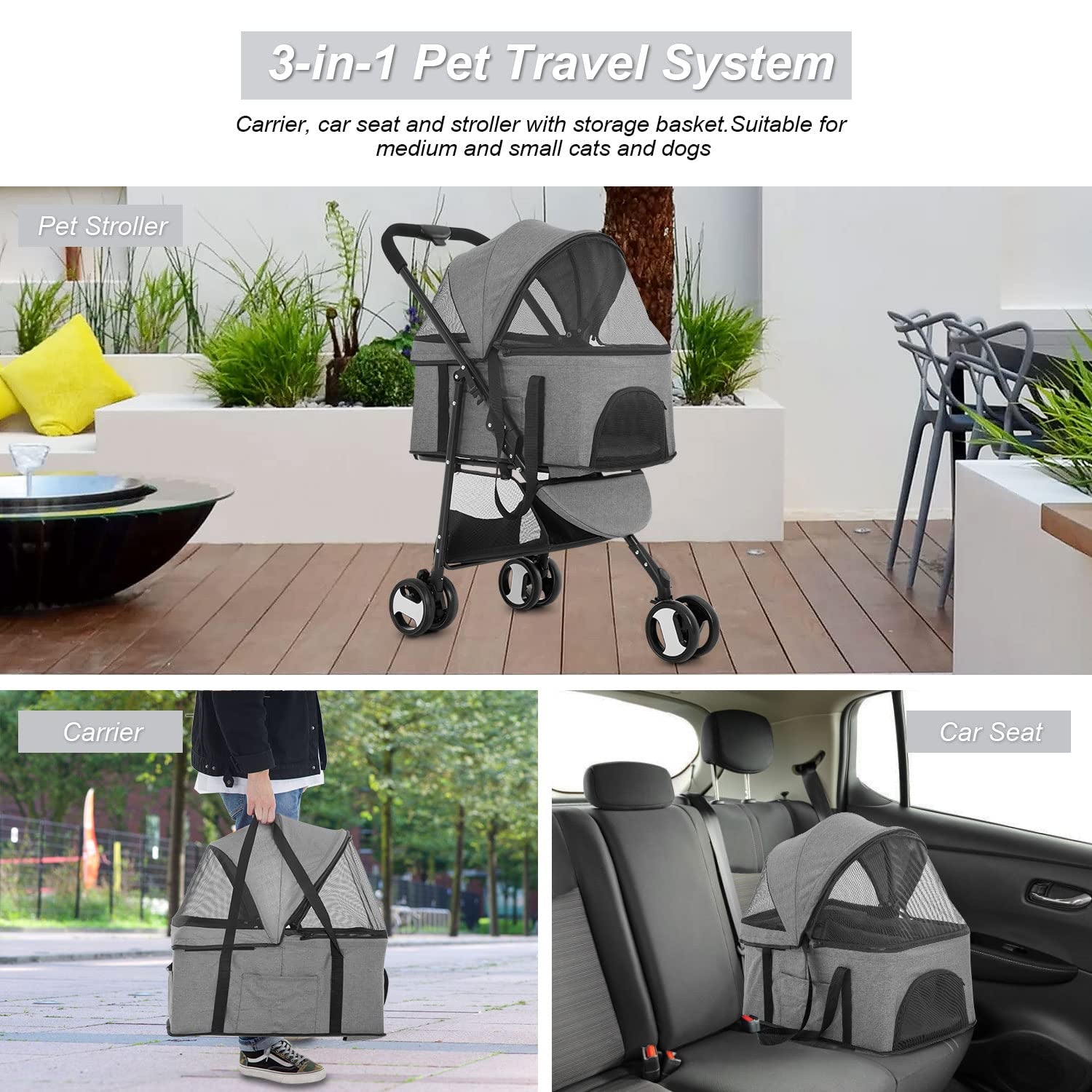 Pet stroller with dog seated inside carrier