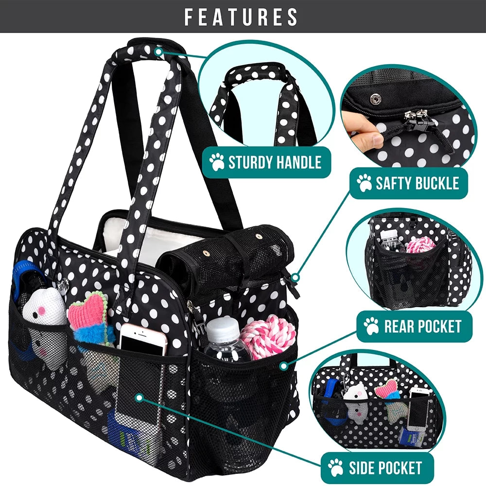 Mesh dog purse carrier with pet inside