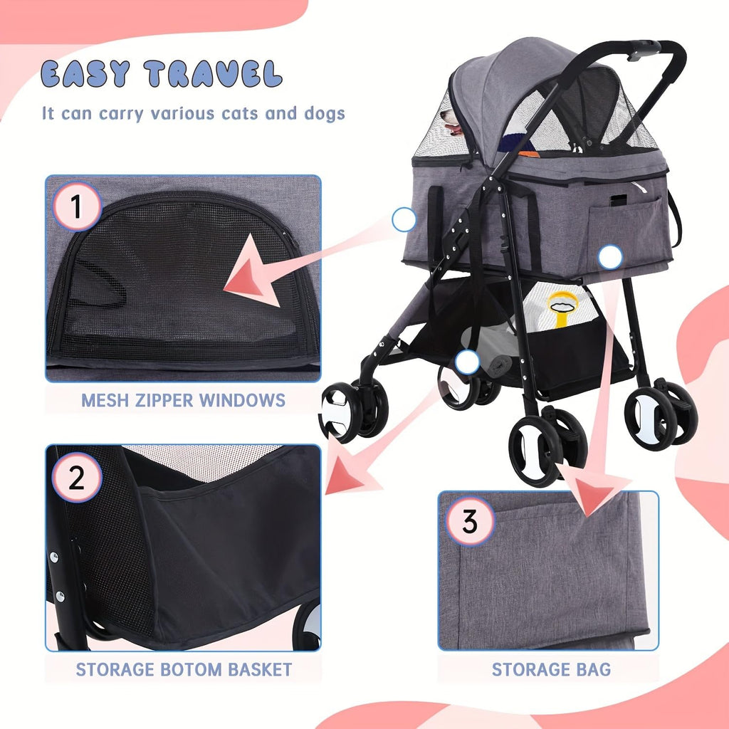 4-wheel pet stroller with dog seated inside
