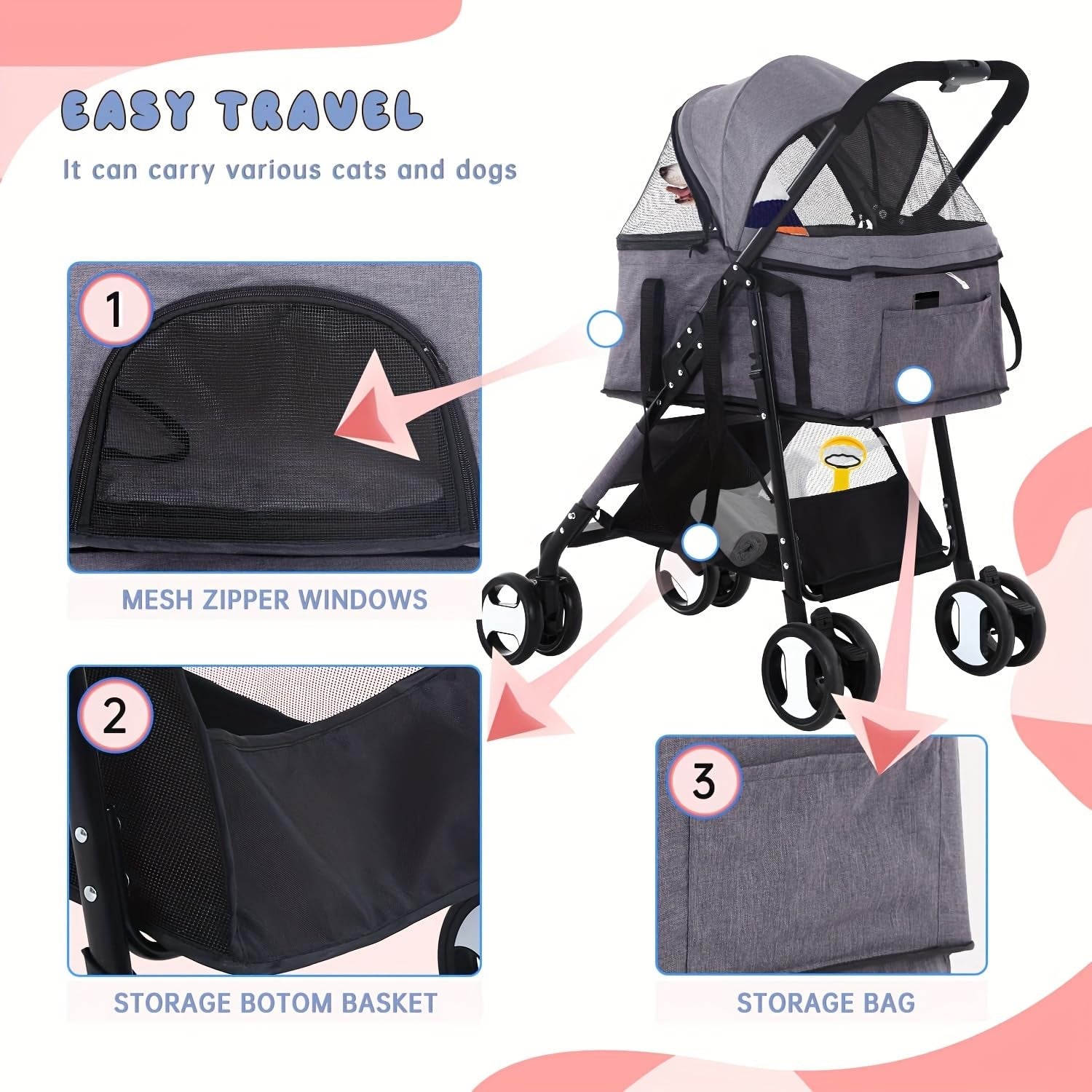 4-wheel pet stroller with dog seated inside