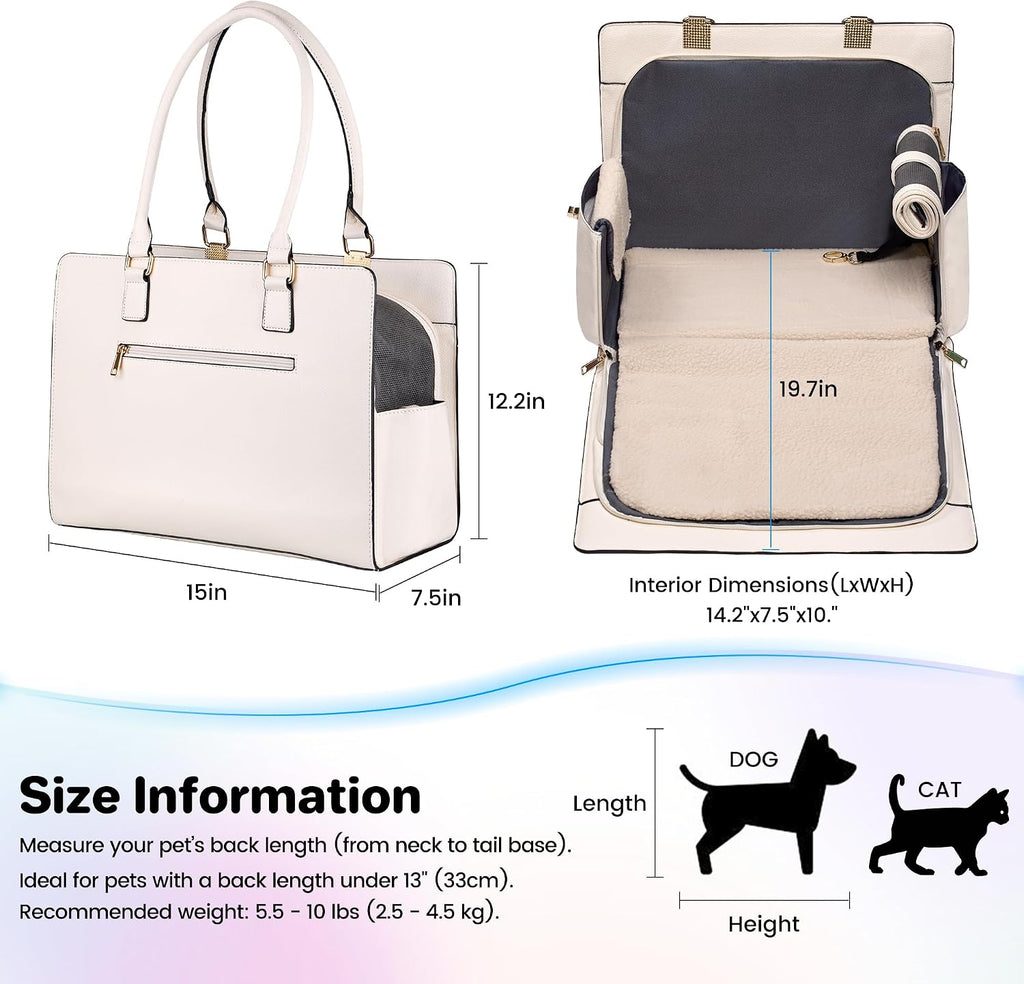 Quilted dog purse carrier, open showing washable cushion insert