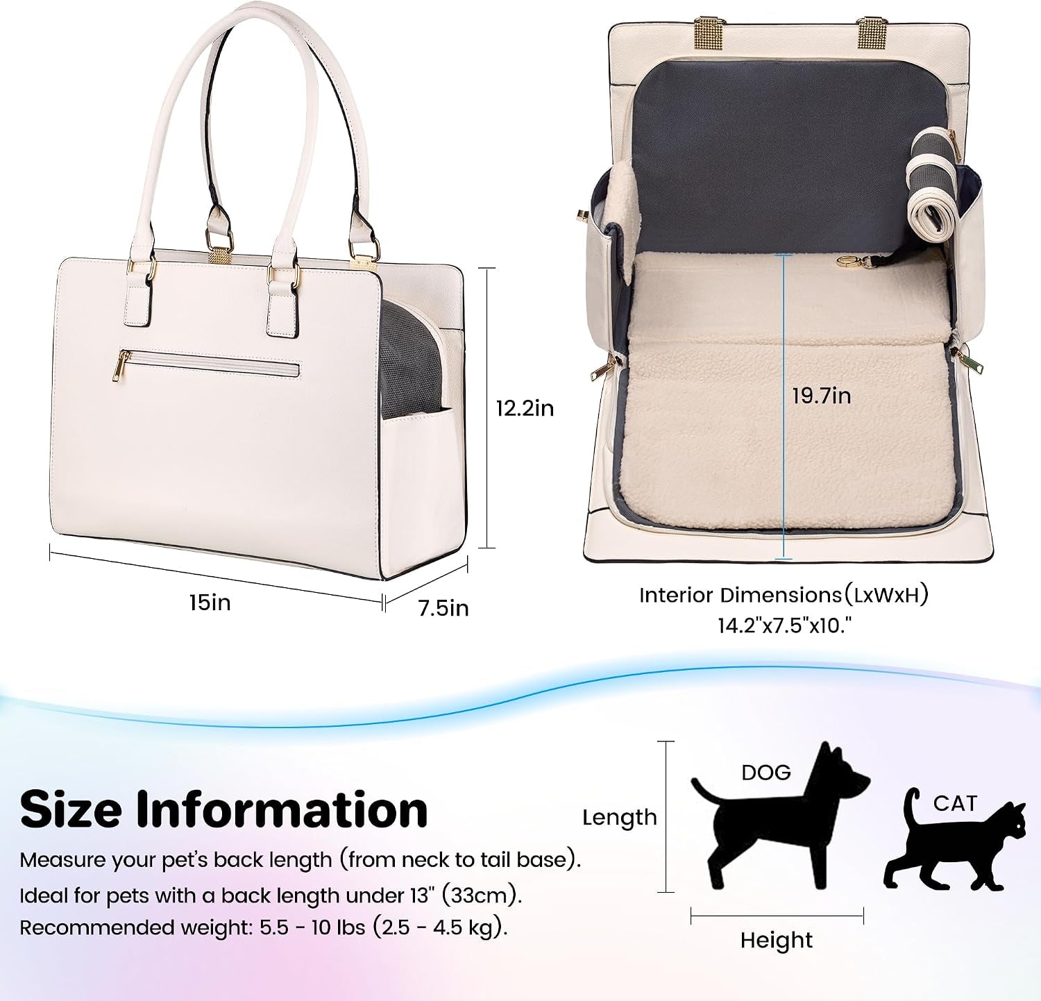Quilted dog purse carrier, open showing washable cushion insert