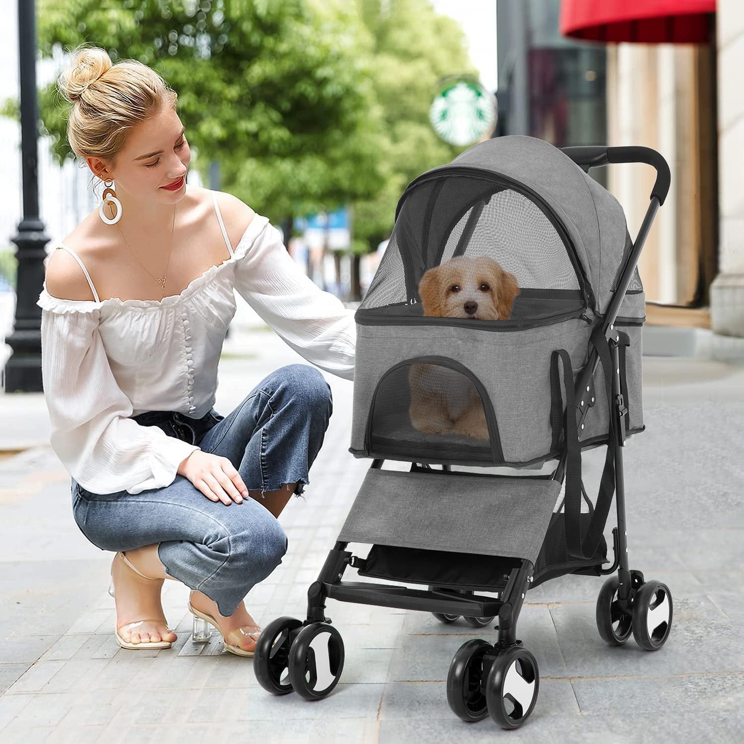 Foldable 4-wheel pet stroller with detachable carrier, main view